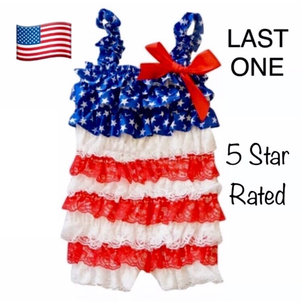 Patriotic Layered Lace Ruffle Stars and Stripes One Piece Romper Brand New